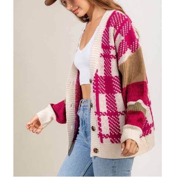 LOVERICHE Cozy Chic Mixed Knitted Magenta Oversized Cardigan - Picture 4 of 8